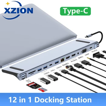 12-in-1 C Tipo Docking Station USB C, Šakotuvai Dual HDMI VGA Adapteris PD Apmokėjimo Kortelių Skaitytuvas Nešiojamas Bazę, skirtą 