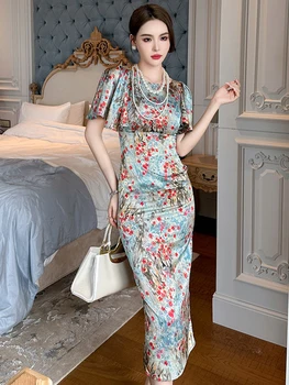 2023 Moterų Elegantiškas Prancūzų Retro Maxi Suknelė Moteriai Gėlių Sluoksniuotos Rankovėmis Liesas Ritininės Ilgas Chalatas, Šalies Vestido Prom Pokylių Suknelė Femme