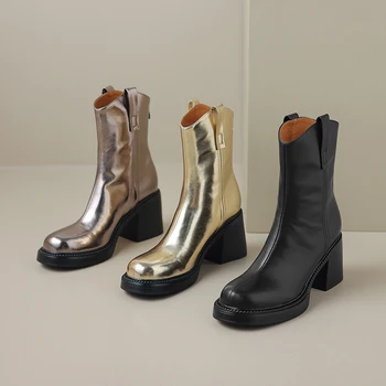 2023 nauja Rudens žiemos Moterims, batai natūralios odos 22-25cm karvės odos+pigskin modernus batai atgal zip storas kulnas vakarų batai