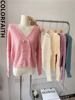 Colorfaith SWC5415JX Naujas 2023 korėjos Mados Sagos, Mezgimo Negabaritinių susagstomi megztiniai Moterims Rudens Žiemos Elegantiškas Lady Pink Viršūnės