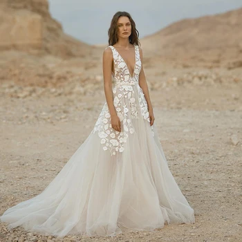 Elegantiškas A-Line Wedding Dresses Dviguba V-Kaklo Appliques Tiulio Nuotakos Suknelė Princesė Pritaikyti Priemones, Chalatas De Mariee Nuostabiu