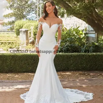 Elegantiškas Brangioji Undinė Vestuvių Suknelė 2023 Balta Ilgomis Rankovėmis Atvira Nugara Nėrinių Aplikacijos Nuotakos Suknelė Valymo Traukinio Vestido De Novia
