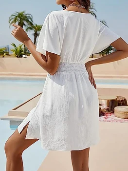 Elegantiškas ir Patogus moteriški Vasaros Suknelė su V Iškirpte trumpomis Rankovėmis ir Elastinga Juostos - Puikus Paplūdimys Atsitiktinis