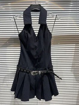 HIGH STREET Naujausias 2023 Mados Stilingas Dizainerio Moterų Vertikaliai Dryžuotas V-Kaklo, Rankovių Plisuotos Suknelė