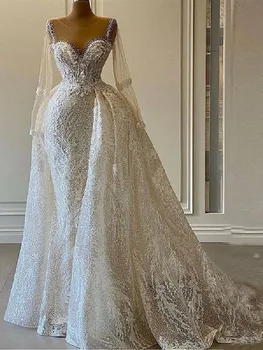 Išskirtinį Undinė Vestuvių Suknelės ilgomis Rankovėmis V-Kaklo Blizgančiais Karoliukais Appliques 3D Nėrinių Nuimamas Traukinio Plus Dydis Vestuvinės Suknelės