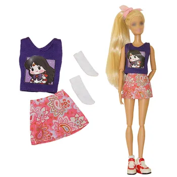 Mados Violetinė Animacinių filmų Print T-shirt Top Pink Gėlių Sijonas, Kojinės Drabužių Rinkinys Barbie Lėlės Komplektus 1/6 Lėlės Priedai
