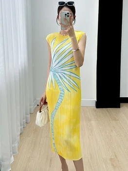 Miyake Plisuotos Raglan Rankovėmis Atspausdintas Suknelė Moterims 2023 Vasaros Naują Korėjos Aukštosios Mados Prarasti Amžiaus Sumažinimo Ilga Suknelė