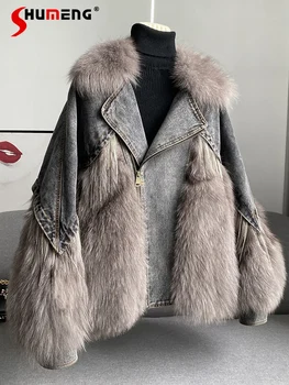Moterų Dirbtiniais Fox Fur Coat 2023 Žiemos Naujas Kutas Džinsinio Susiuvimo Parko ilgomis Rankovėmis, Vilnos-Liniuotas Sutirštės Kailio Apykakle Paltas