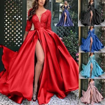 Moterų Nėriniai China Maxi Suknelė Moterų Elegantiškas, Seksualus Gilus V ilgomis rankovėmis Didelis hem Vakaro Suknelės Moterims 2023 Šalies Klubas Suknelės