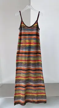 Pavasarį ir vasarą naujas dryžuotas apynasrio suknelė medvilnės ir lino dažytos megzti ilga suknelė