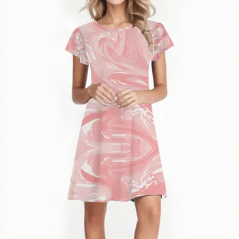 Ponios Apvalios Kaklo Lotus Lapų Rankovės Vasaros Spausdinti Atsitiktinis Suknelė 2023 Moterų Atsitiktinis Palaidi Tinka Homewear Suknelės