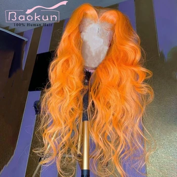 Prieš Nupeštos 13x4 Oranžinės spalvos Nėriniai Priekiniai Žmogaus Plaukų Perukai Spalvos Prarasti Banga 13x6 HD Nėrinių Priekinės Perukas Skaidrus Nėriniai Perukai Moterims