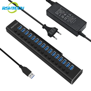 RSHTECH USB Šakotuvą, 16 Uostų, 100W USB 3.0 Duomenų centro Aliuminio 5Gbps Splitter su 12V/8.3 Maitinimo Adapteris Atskiri įjungimo/Išjungimo Jungikliai