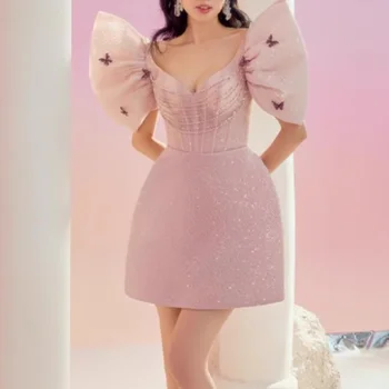 Rausvos spalvos, Prabangūs Suknelė Moterims Bling Drugelis Elegancija Mini Suknelė Moterų Vakare Sluoksniuotos Rankovėmis V-kaklo, High Waisted Duobute Vestido Šalis