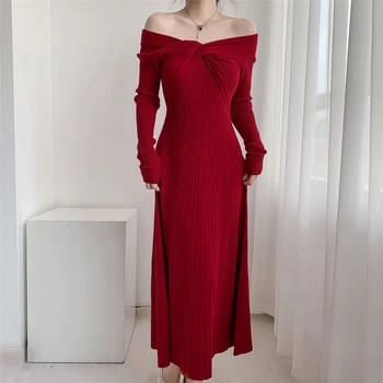 Seksualus Velniop Kaklo Slim-line ilgomis Rankovėmis Suknelė Elegantiškas Moterų Megztos Suknelės Naujos 2023 Rudens Žiemos Ponios Vintage Drabužius Vestido