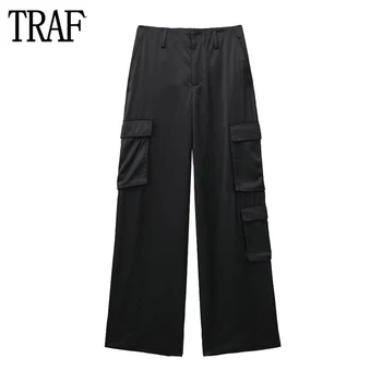 TRAF 2023 Krovinių Kelnės Moterims Satino Aukšto Liemens Kelnės Moteriški Juodi Vasaros Baggy Pants Moteris Streetwear Pagrindai Moterų Kelnės