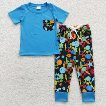 Vaikų Vasaros Drabužių Little Boy Blue Pocket Marškinėlius, Šypsena, Veido Spausdinti Ilgas Kelnes Drabužių Rinkinius, Didmeninė