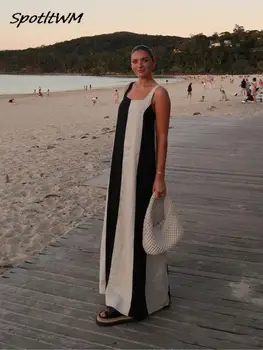 Vasaros Paplūdimio Elegantiškas Dryžuotas Backless Diržas Ilga Suknelė Moterų Berankovis Prarasti Petnešos Vestidos Lady Atostogų Atostogų Skraiste