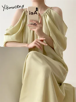 Yitimuceng Prarasti Suknelė Moterims 2023 Naujas Mados Derliaus nuo Peties Elegantiškos Suknelės Elegantiškas Atsitiktinis, Kietas O Kaklo Midi Suknelė