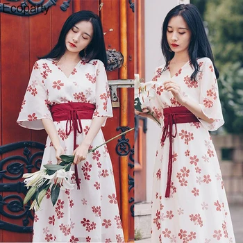 2022 Naujas Japonų Kimono Pagerinti Šifono Suknelės Moterims, Elegantiškas V-Kaklo Cherry Blossom Spausdinti Saldus Trumpomis Rankovėmis, Kelio Suknelė