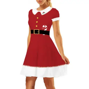 Laisvas Hem-line Kalėdos Suknelė Kalėdų Teminius Spausdinti Cosplay Suknelė Moterų O-kaklo trumpomis Rankovėmis Mini Suknelė su Aukštos Juosmens dėl