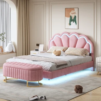 Rožinė Osmanų Aksomo 2-Vienetų, Miegamojo Komplektai,Karalienės Dydžio Minkštų LED Platforma Lova su Sandėliavimo patalpų miegamojo baldai